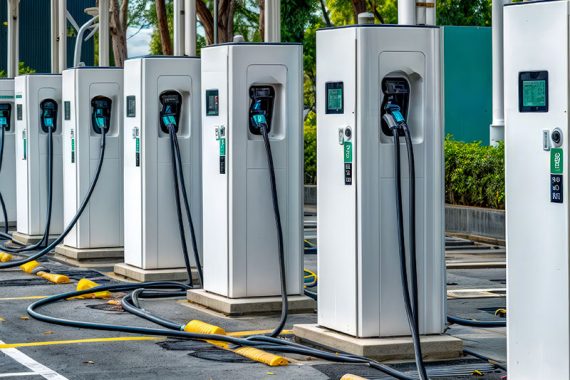 1-linha-de-carros-eletricos-brancos-ligados-a-estacao-de-carregamento-no-estacionamento