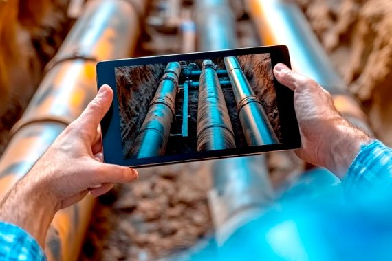 1-engenheiro-de-construcao-inspeciona-instalacao-de-tubos-em-trincheira-usando-tablet-digital-para-controle-de-qualidade